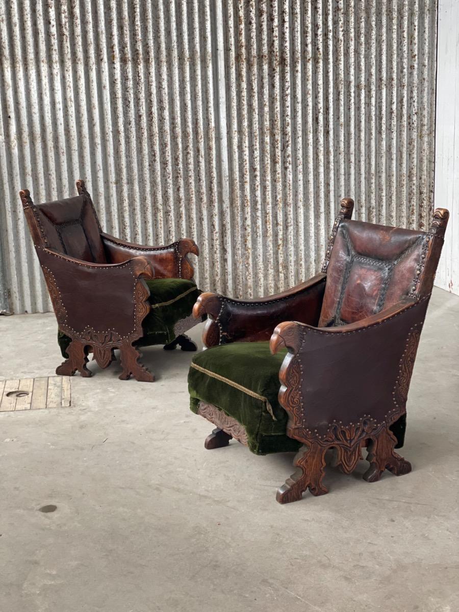 2 Antique Set oak and Leather armchairs