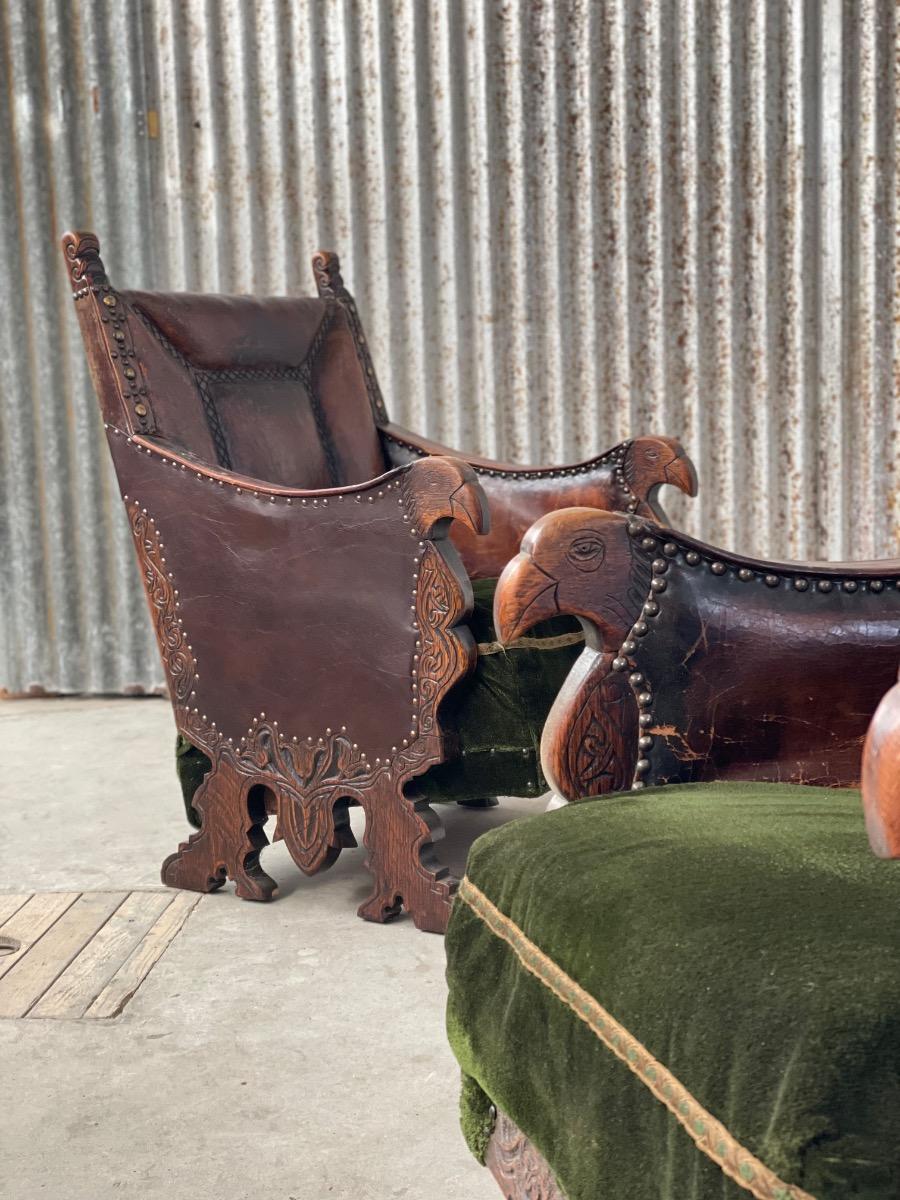 2 Antique Set oak and Leather armchairs