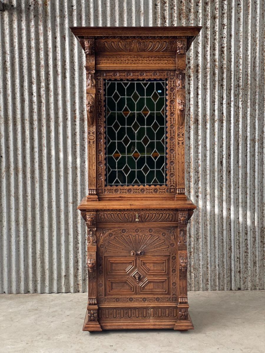 Antique oak cabinet with stained glass 