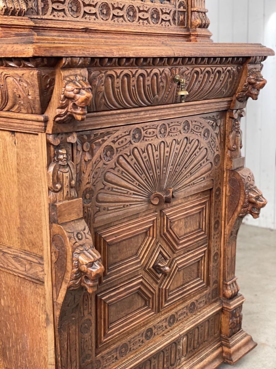 Antique oak cabinet with stained glass 